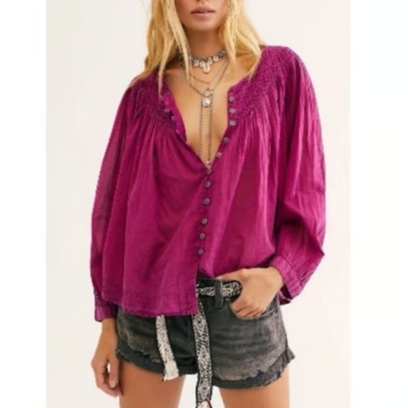 Free People We the Free fuchsia baloon sleeve blouse - Picture 2 of 10